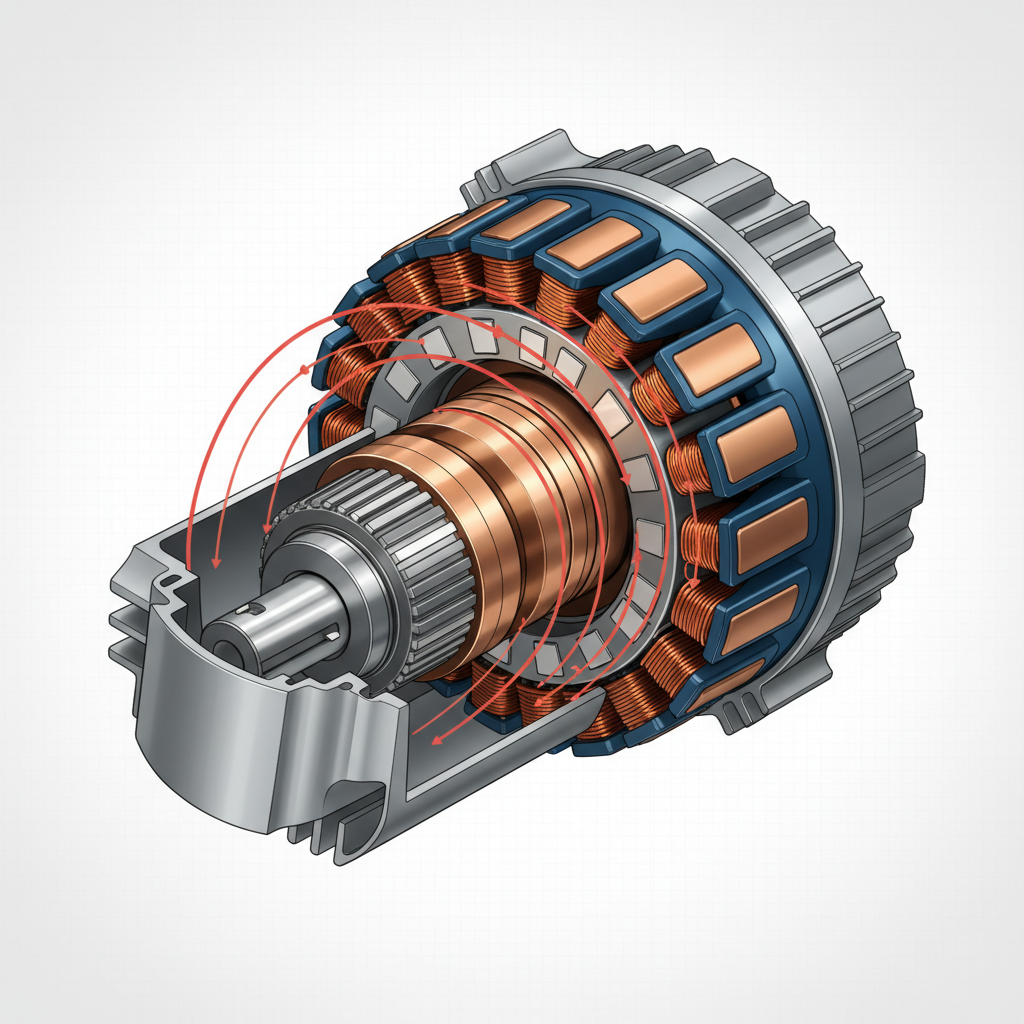 Un schéma technique et photoréaliste d'un moteur de voiture électrique, montrant les éléments clés comme le stator, le rotor et les champs magnétiques en action.