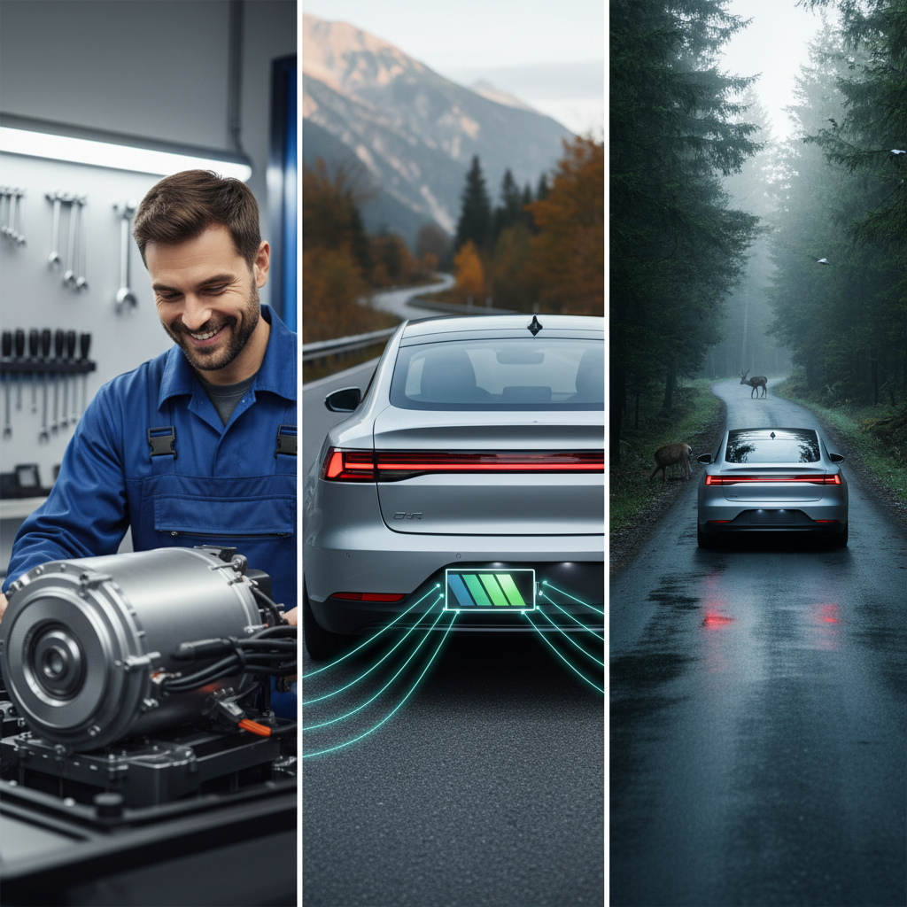 Une image photoréaliste montrant les bénéfices des moteurs de VE, incluant un mécanicien souriant devant un moteur simple, une voiture récupérant de l'énergie en freinant, et un véhicule roulant silencieusement.