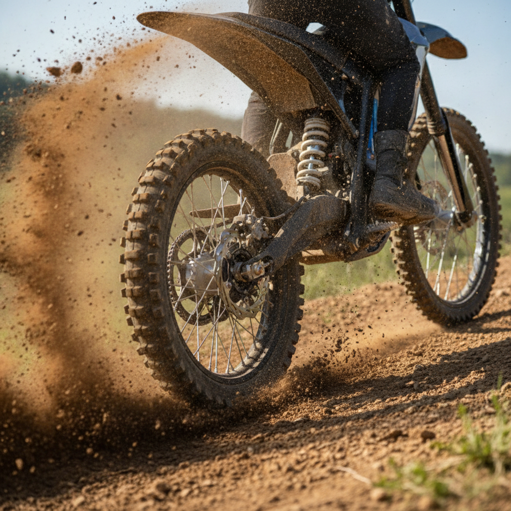 Gros plan sur la roue arrière d'une moto électrique tout-terrain en pleine action sur une pente de terre, illustrant le couple instantané.
