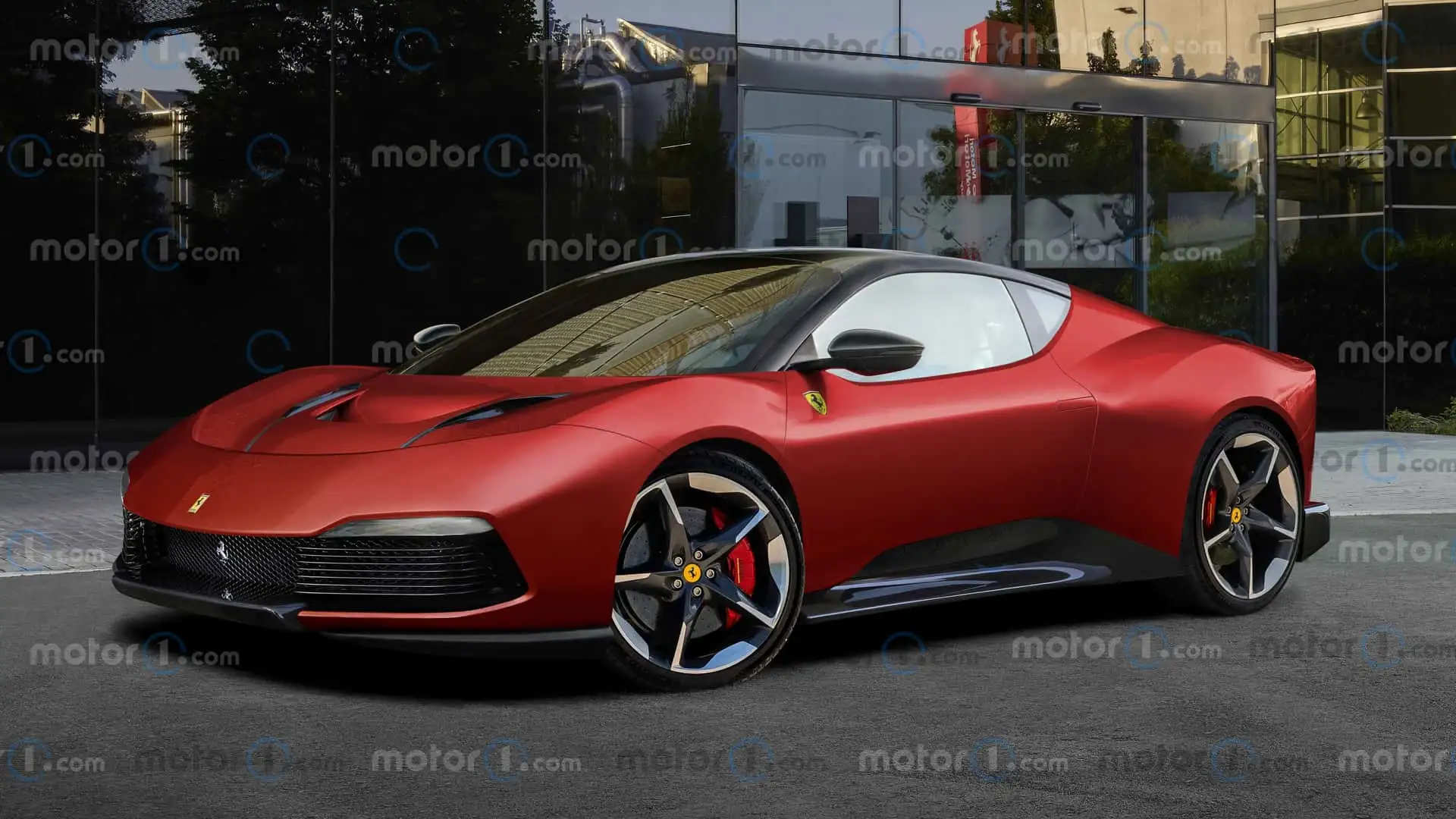 Image d'une voiture de sport futuriste, un concept de Ferrari électrique, dans un showroom moderne.