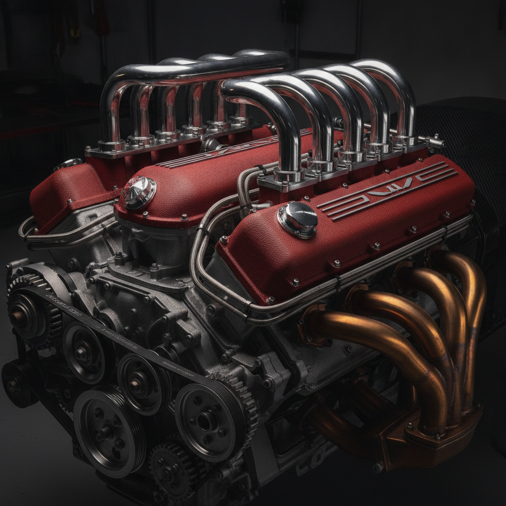 Gros plan détaillé d'un moteur V12 de Ferrari, mettant en évidence ses composants mécaniques.
