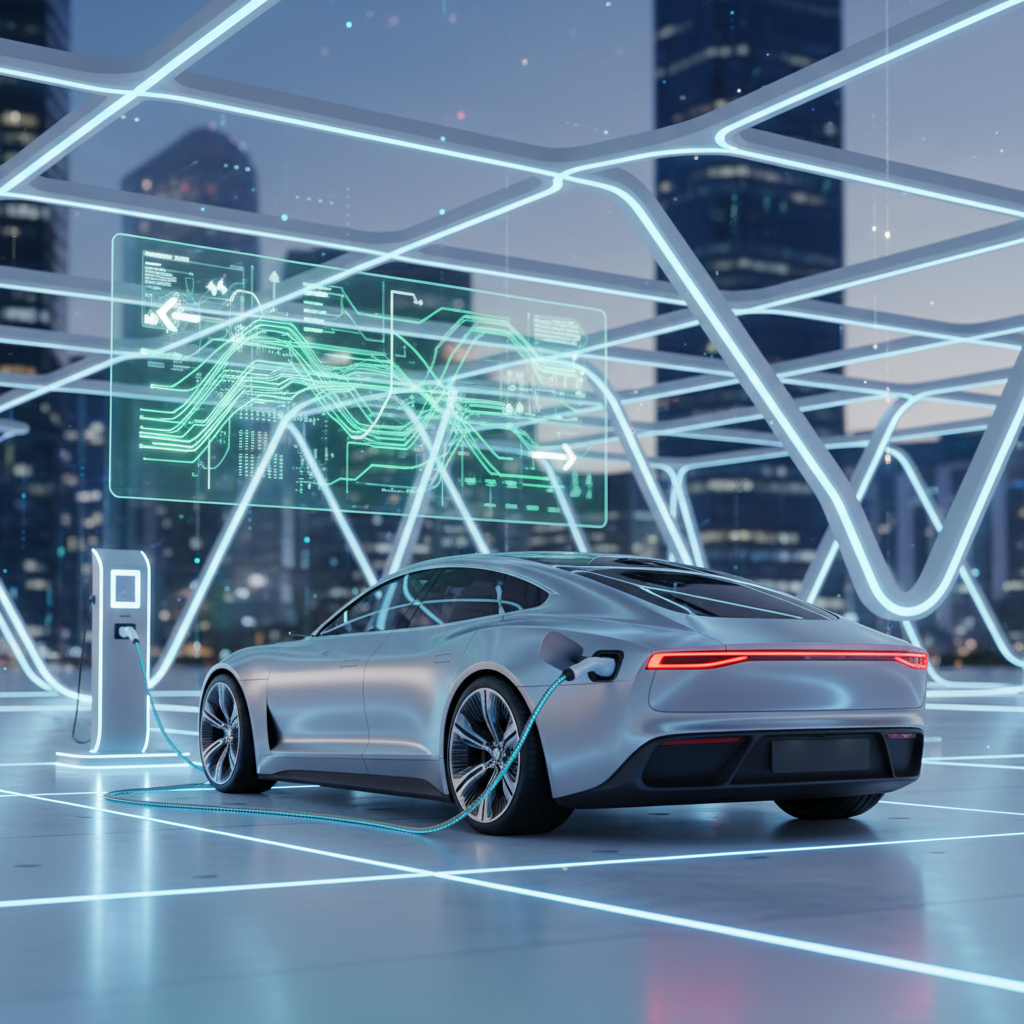 Une voiture électrique moderne est connectée à une borne de recharge V2G, symbolisant le flux bidirectionnel d'énergie entre le véhicule et le réseau électrique.