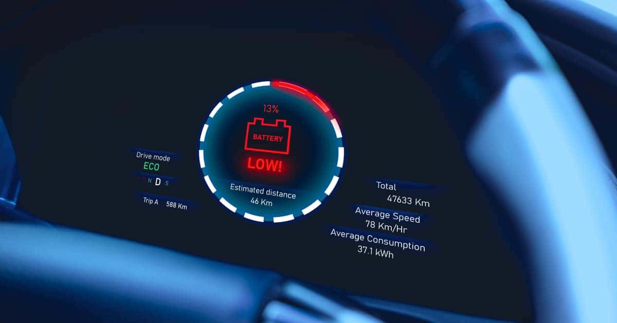 Tableau de bord numérique d'une voiture électrique avec un avertissement de batterie faible en rouge.