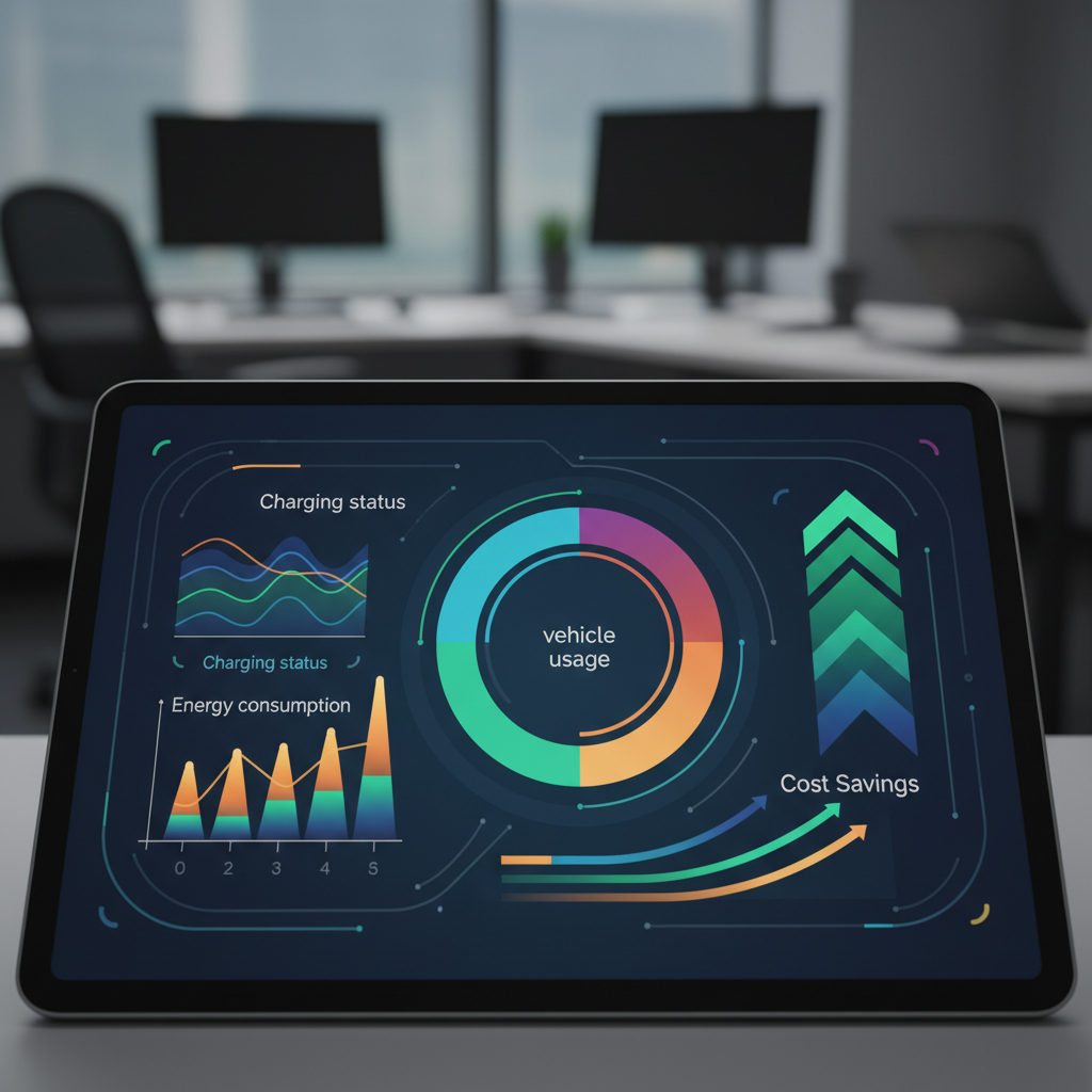 Un écran d'ordinateur ou une tablette affiche des graphiques et des données sur l'utilisation, la recharge et les coûts d'une flotte de véhicules électriques.