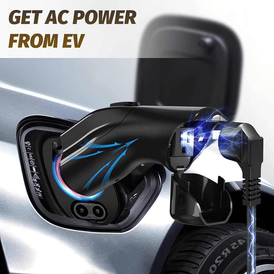 Une Hyundai Ioniq 6 blanche garée, avec des appareils électroménagers (cafetière, grille-pain) branchés sur son port de charge via une rallonge, illustrant la fonction V2L.
