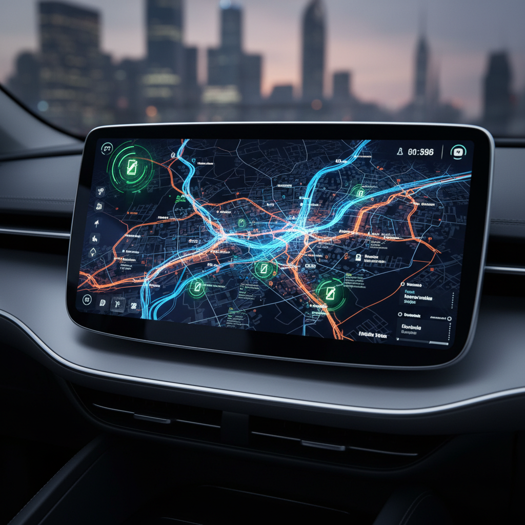Tableau de bord de voiture montrant une carte avec des prévisions de trafic et des options de recharge.