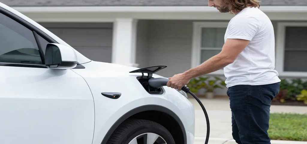 Une voiture électrique branchée à une borne de recharge à domicile, illustrant la commodité et l'économie de cette méthode.