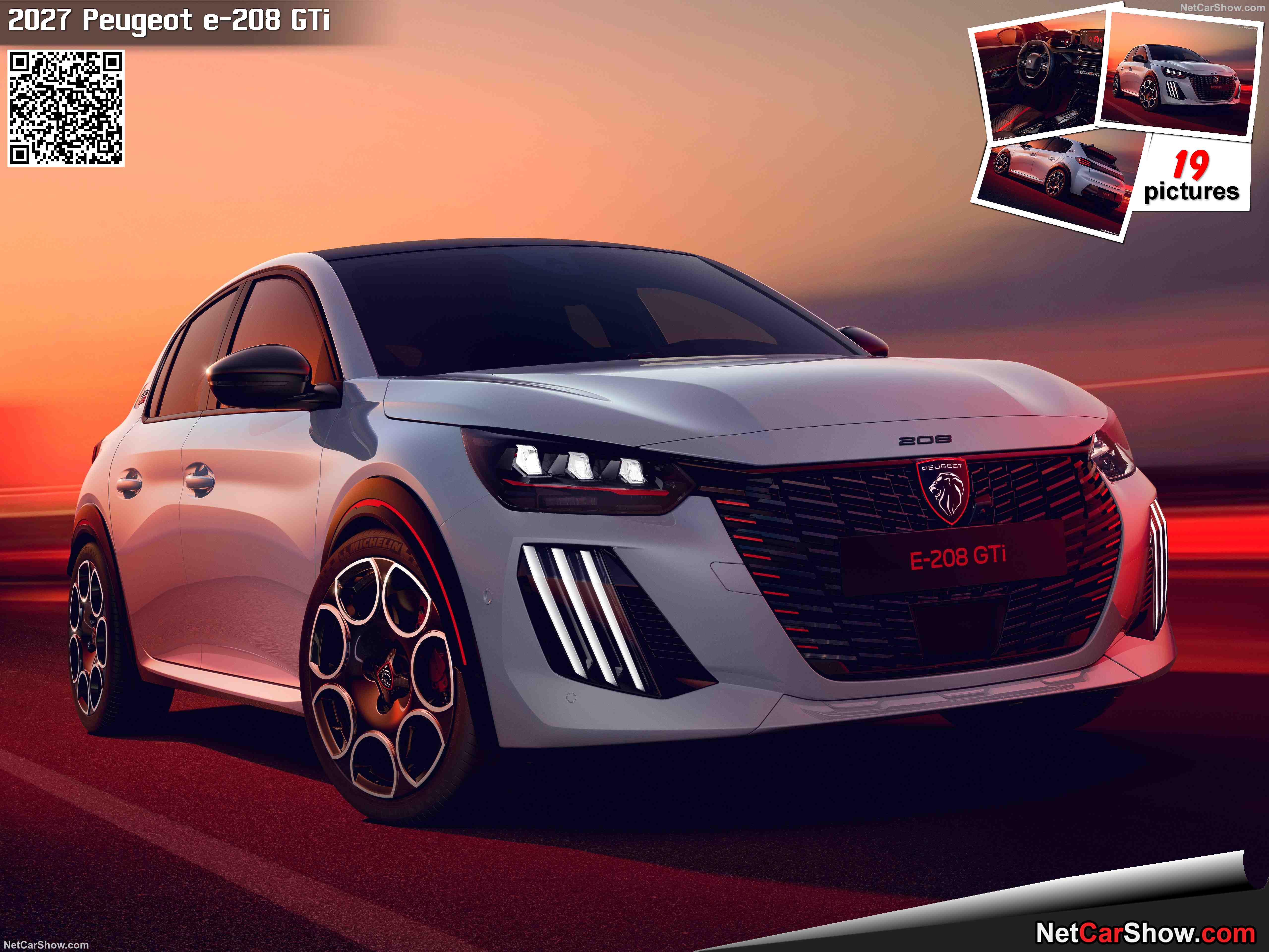 Une Peugeot e-208 électrique de 2027, roulant sur une route côtière panoramique en journée.