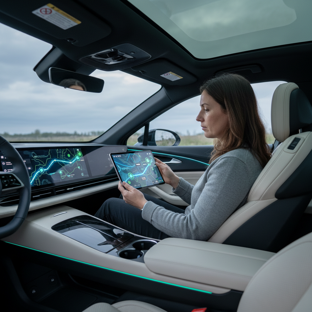 Une personne dans une voiture électrique consultant une tablette affichant un itinéraire avec des stations de recharge.
