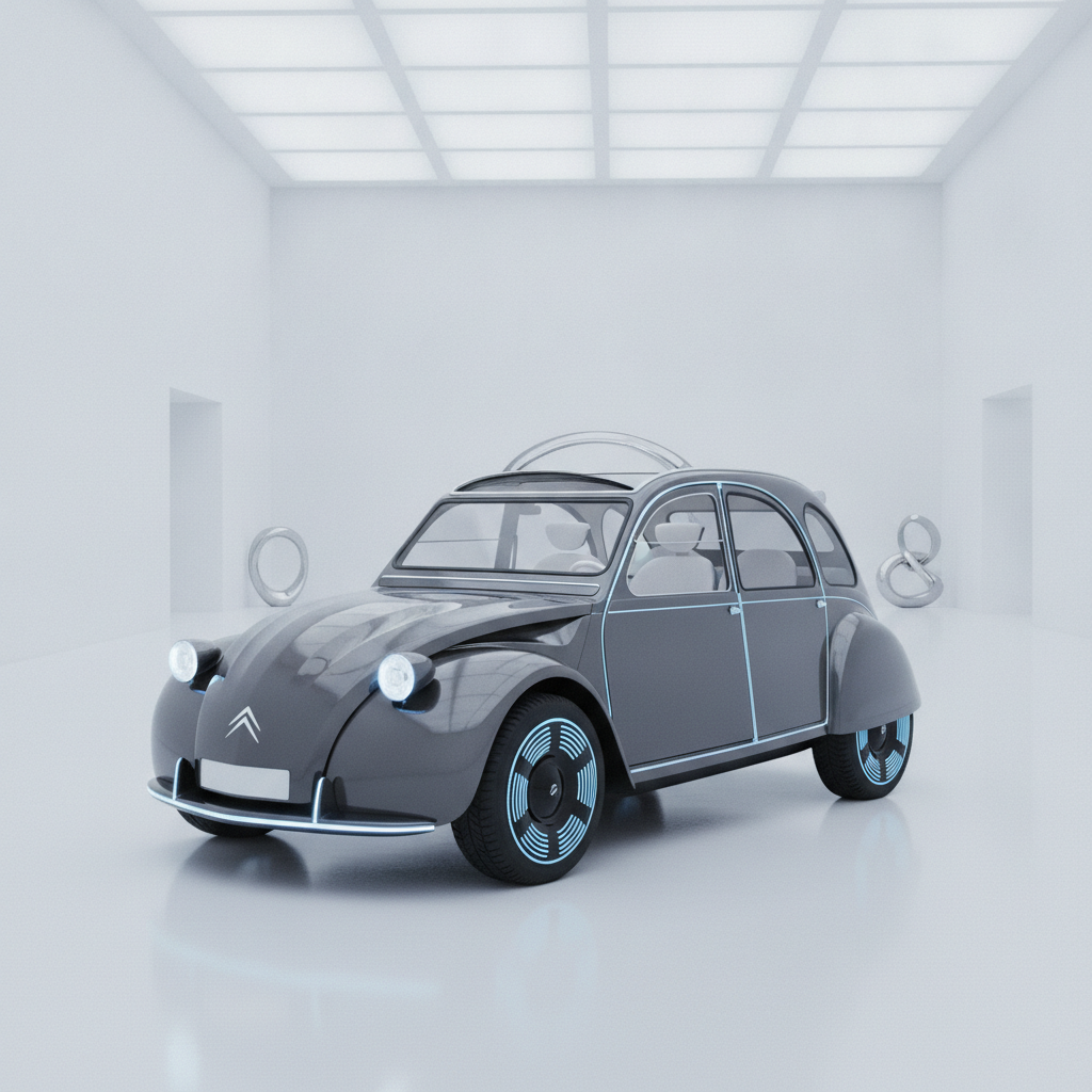 Image d'un concept-car Citroën 2CV électrique, avec des lignes épurées et des éléments de design contemporains.