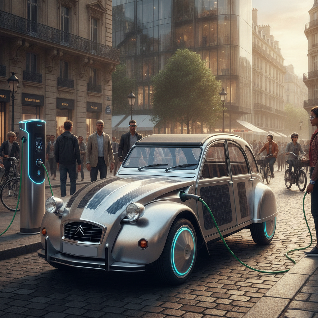 Une Citroën 2CV électrique en train de charger dans une rue de ville animée.