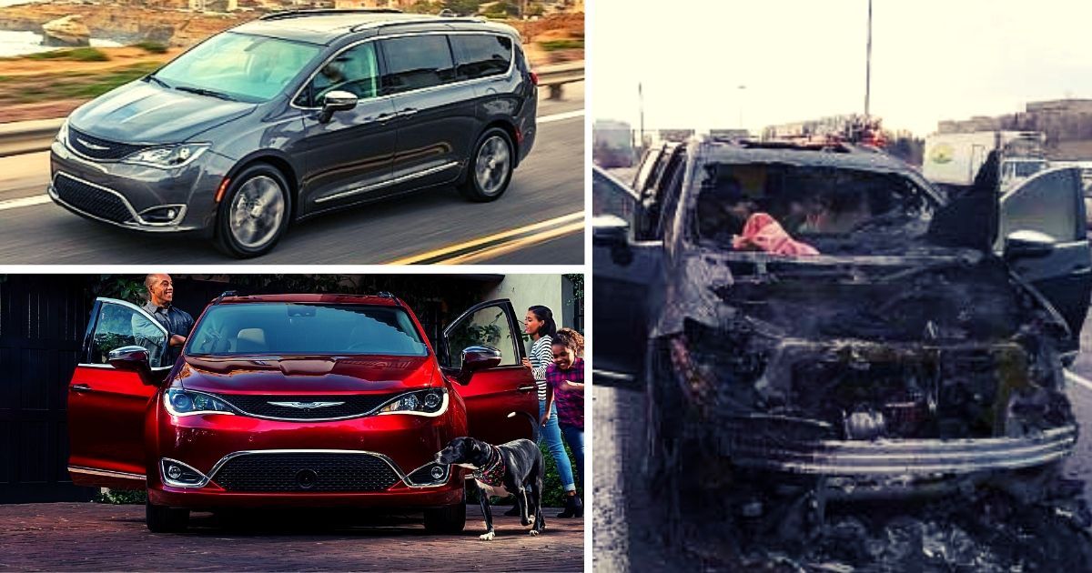 Image dramatique d'une batterie de Chrysler Pacifica Hybrid en feu ou dégageant de la fumée, illustrant le risque d'incendie.