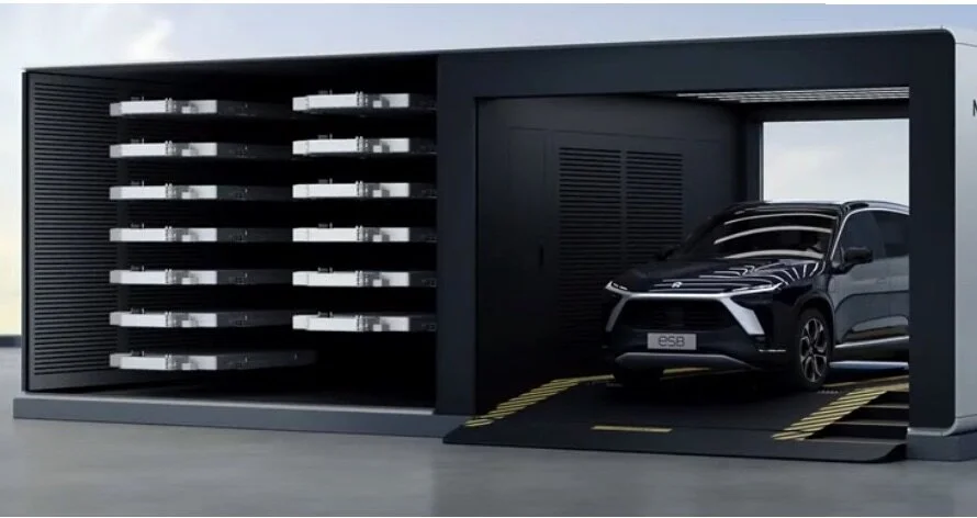 Image d'une station Nio avec un robot en train de changer la batterie d'une voiture.