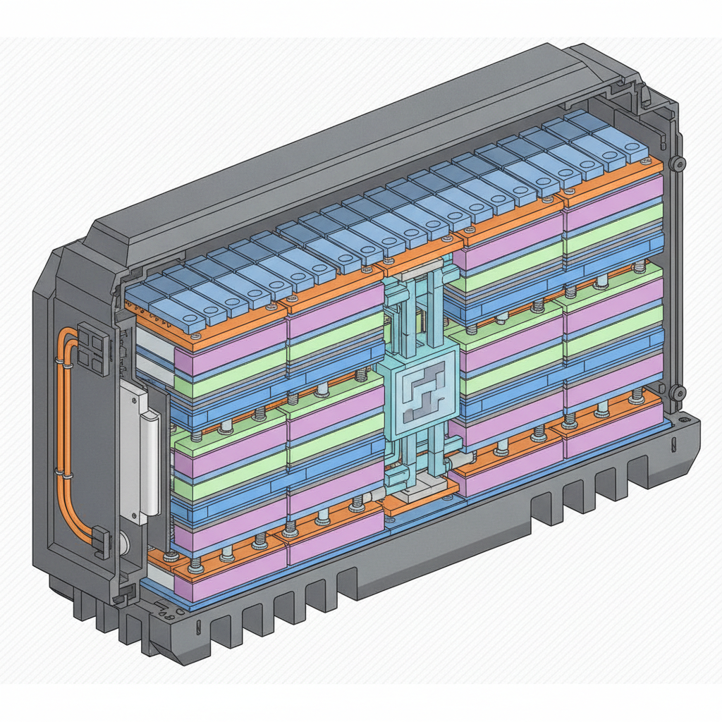 Illustration technique d'une batterie NMC de voiture électrique, montrant les cellules, le système de refroidissement et le boîtier de protection.