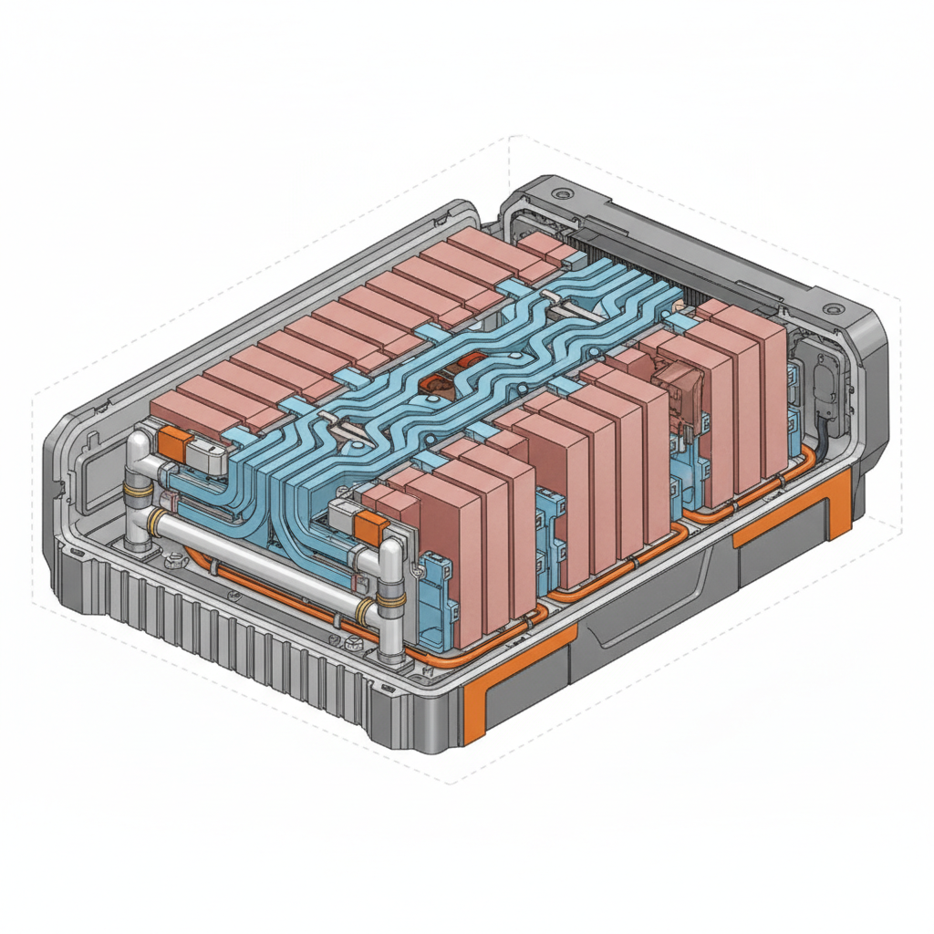 Illustration technique d'une batterie LFP de voiture électrique, montrant les cellules, le système de refroidissement et le boîtier de protection.