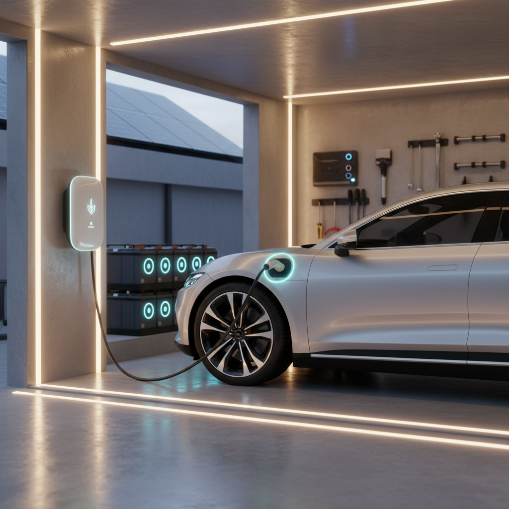 Une voiture électrique blanche est garée dans un garage moderne et est branchée à une borne de recharge murale, symbolisant la recharge à domicile.