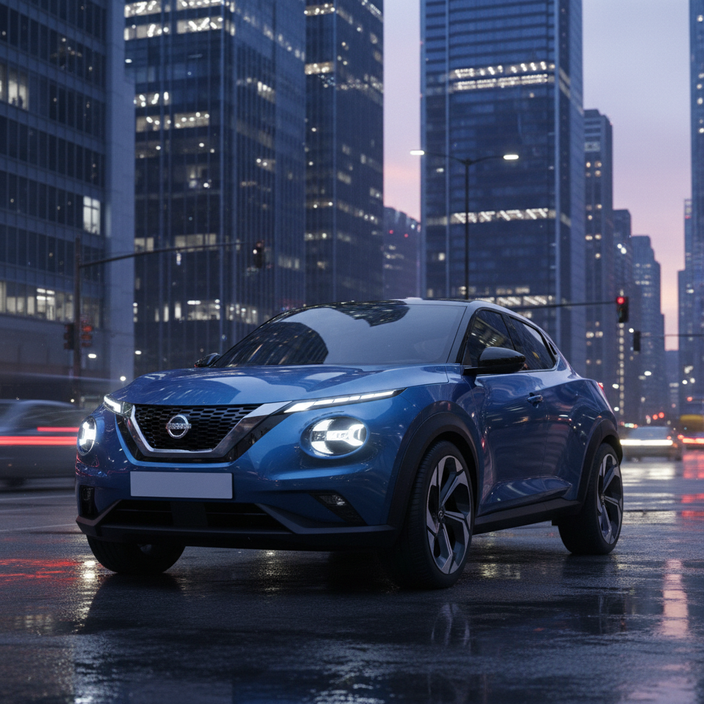 Une image photoréaliste du Nissan Juke électrique 2027, mettant en valeur son design futuriste et ses lignes acérées.
