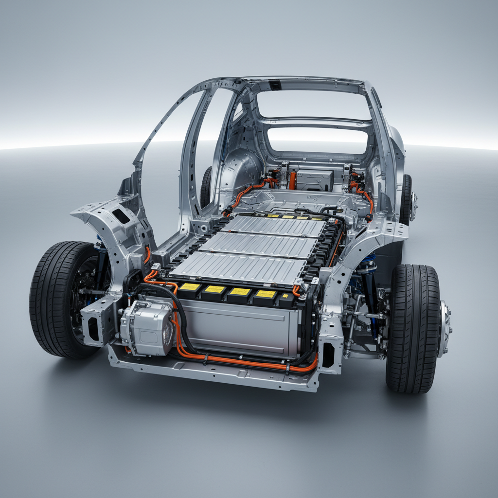 Une vue éclatée du châssis du Nissan Juke électrique, montrant la plateforme CMF-EV et l'emplacement des batteries.