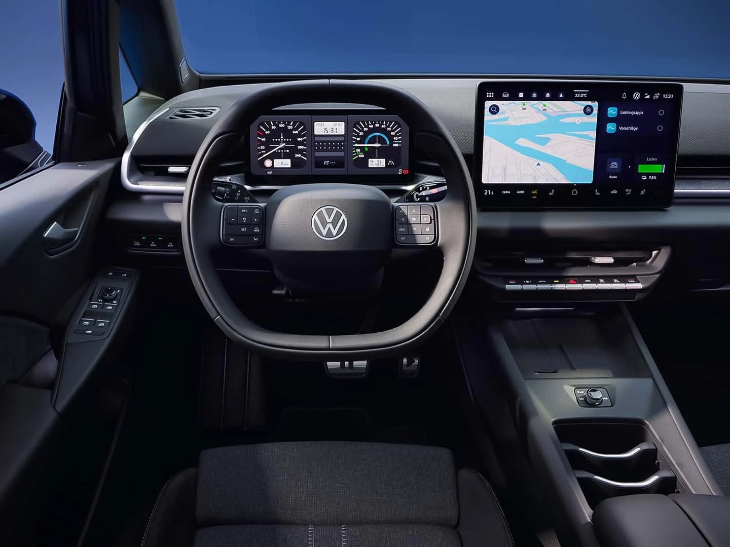 Intérieur de la Volkswagen ID.3 Neo 2026, montrant le tableau de bord avec des commandes physiques, y compris des interrupteurs à bascule pour la climatisation et un bouton rotatif pour le volume.