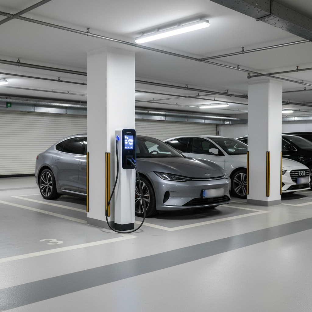 Image d'une borne de recharge pour véhicule électrique dans un parking souterrain de copropriété.