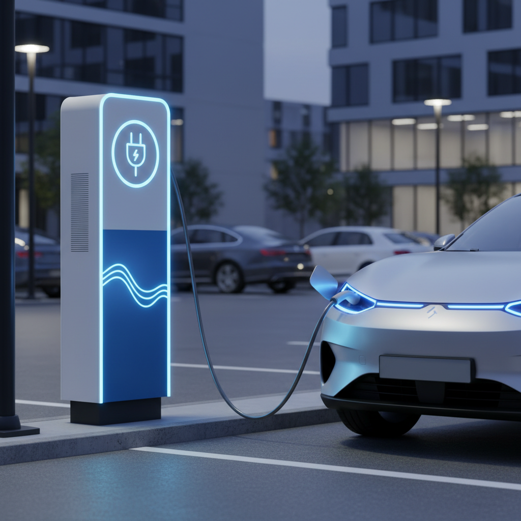 Image d'une borne de recharge pour véhicules électriques avec un panneau de signalisation clair.
