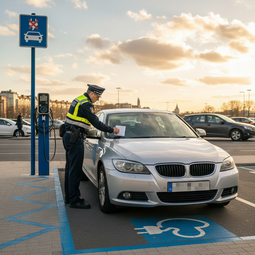 Un agent de police ou un agent de stationnement rédigeant une contravention pour une voiture garée illégalement sur une place de recharge de VE.