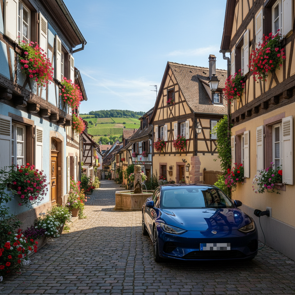 Un village alsacien pittoresque avec des maisons à colombages et une voiture électrique garée dans la rue.