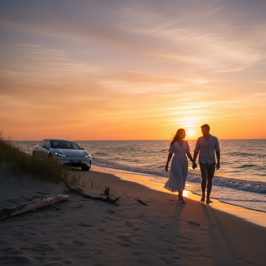 Un couple se promenant main dans la main sur une plage au coucher du soleil, avec une voiture électrique en arrière-plan.