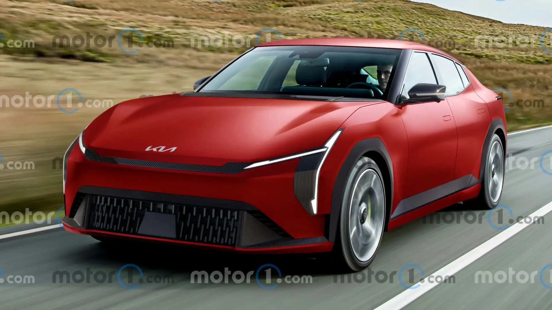 Image d'un concept-car électrique futuriste et sportif, aux lignes épurées et à l'allure agressive, évoquant une évolution de la Kia Stinger.