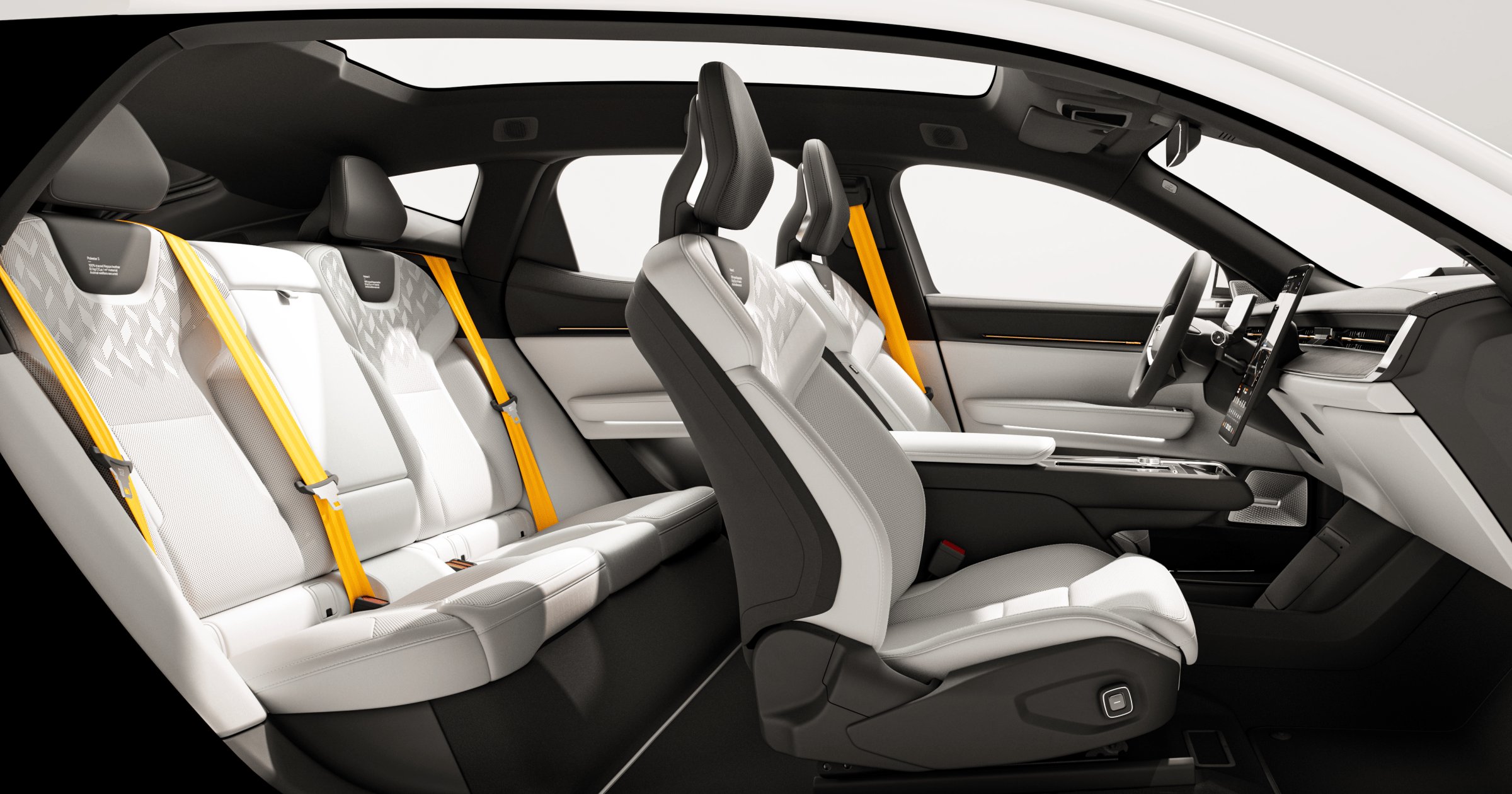 Intérieur haut de gamme d'une Polestar 3 avec des sièges en cuir vegan teinté et des panneaux de portes irisés.