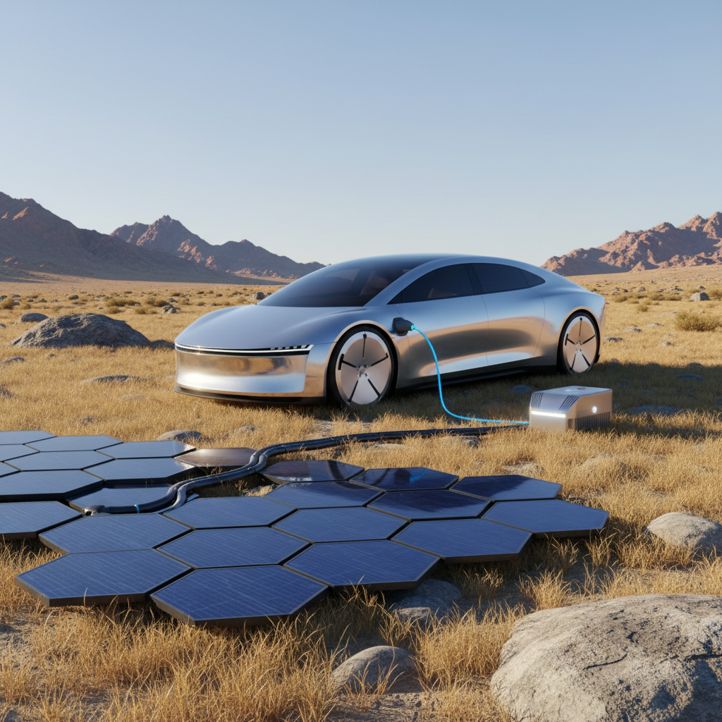 Image d'un véhicule électrique en charge via des panneaux solaires portables, symbolisant la recharge autonome et écologique.