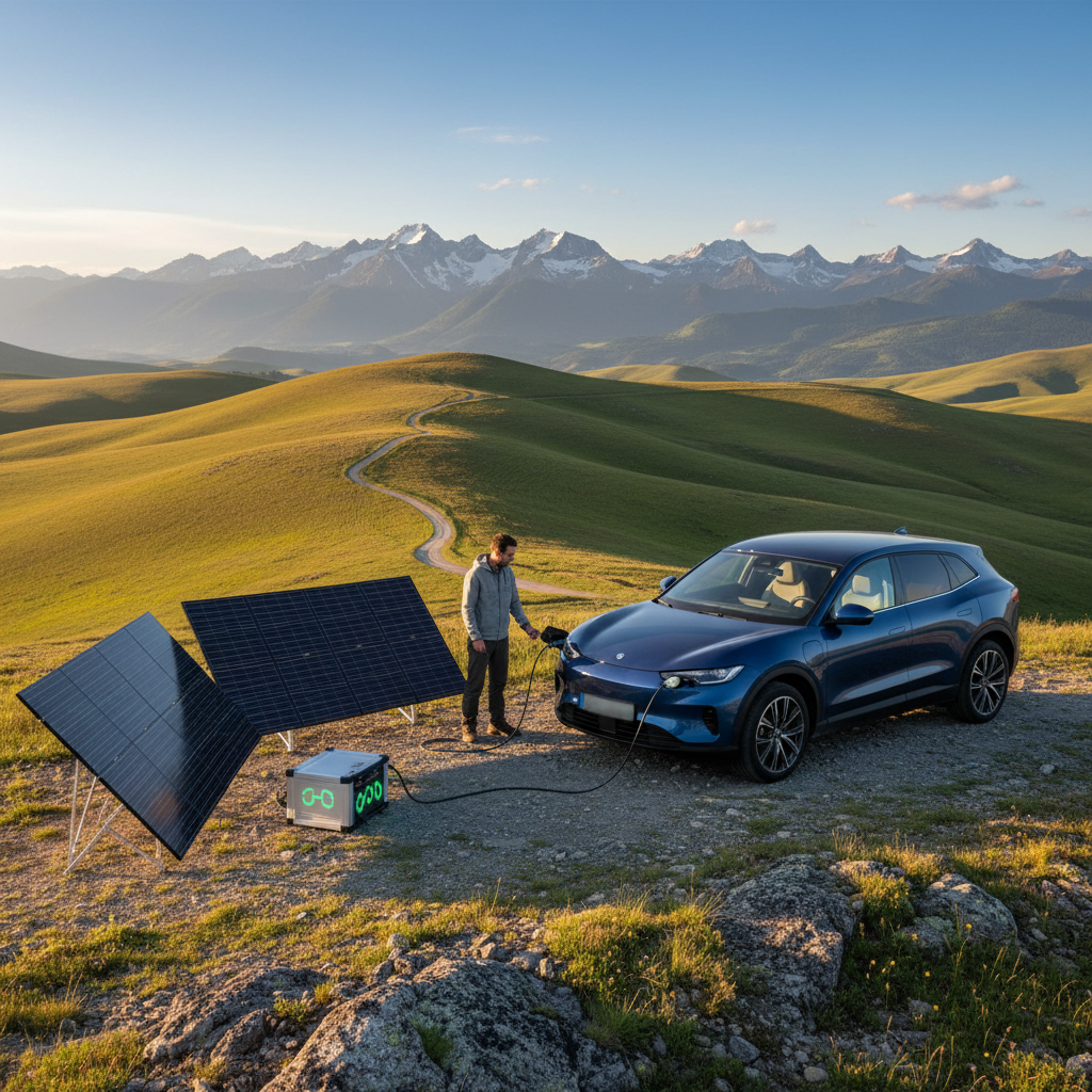 Photo d'une personne branchant un VE à une borne de recharge solaire portable dans un paysage isolé, évoquant la liberté et les économies.