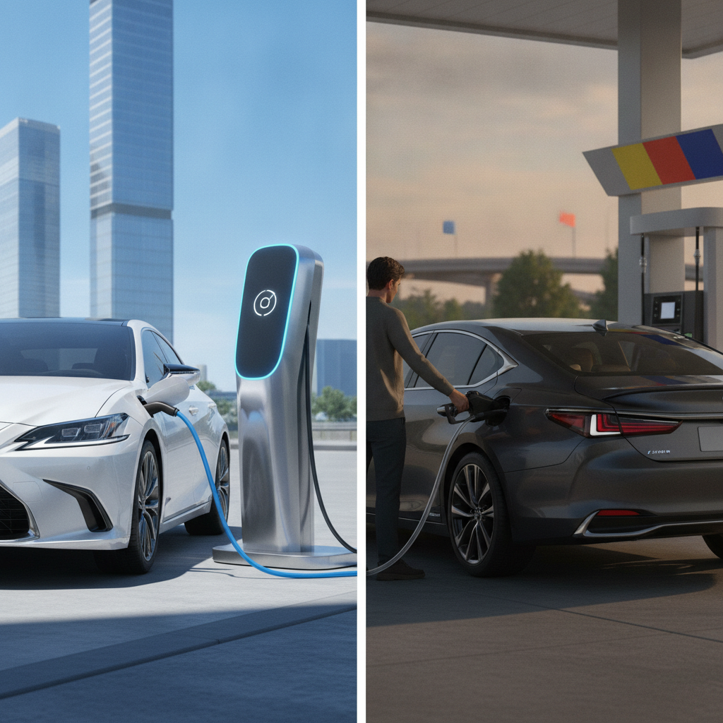 Image divisée montrant une Lexus ES électrique en charge et une Lexus ES hybride faisant le plein d'essence.