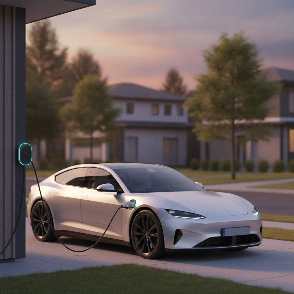 Une voiture électrique branchée à une borne de recharge domestique au lever ou au coucher du soleil.