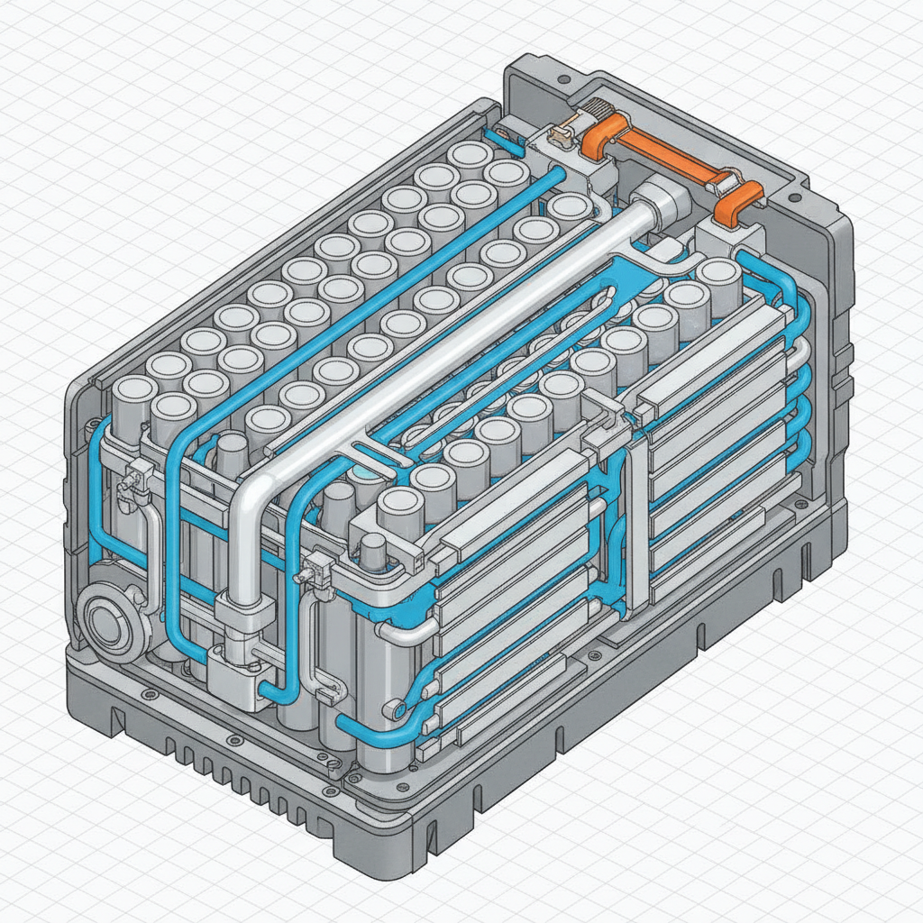 Vue en coupe d'une batterie de voiture électrique montrant le système de refroidissement liquide intégré.