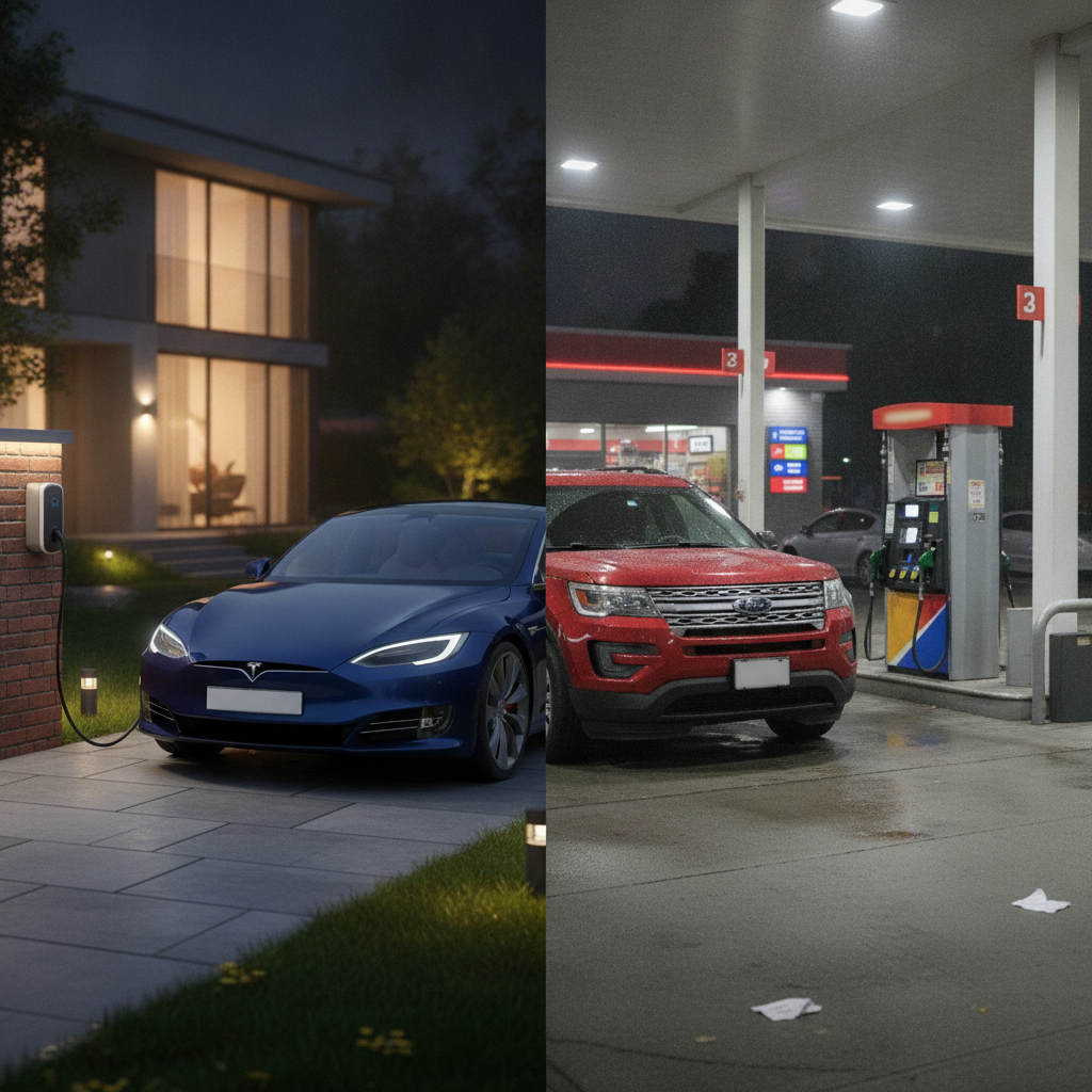 Image divisée montrant une voiture électrique en charge à domicile la nuit et une voiture thermique à une station-service, soulignant les avantages économiques de l'électrique.