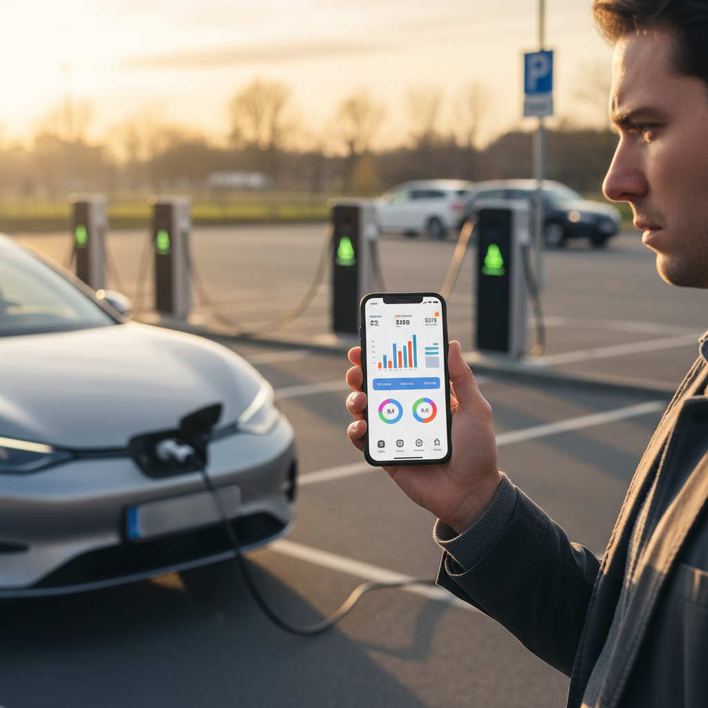 Un homme, propriétaire d'une voiture électrique, regarde son téléphone avec une expression préoccupée, comparant les prix des différentes bornes de recharge.