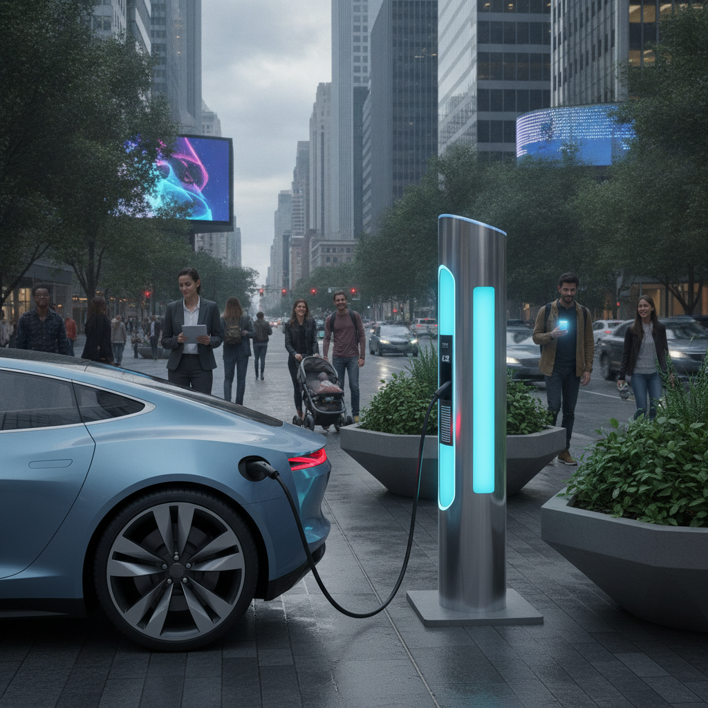 Une voiture électrique blanche est branchée à une borne de recharge rapide dans une rue animée de la ville, avec des bâtiments modernes en arrière-plan et des passants.