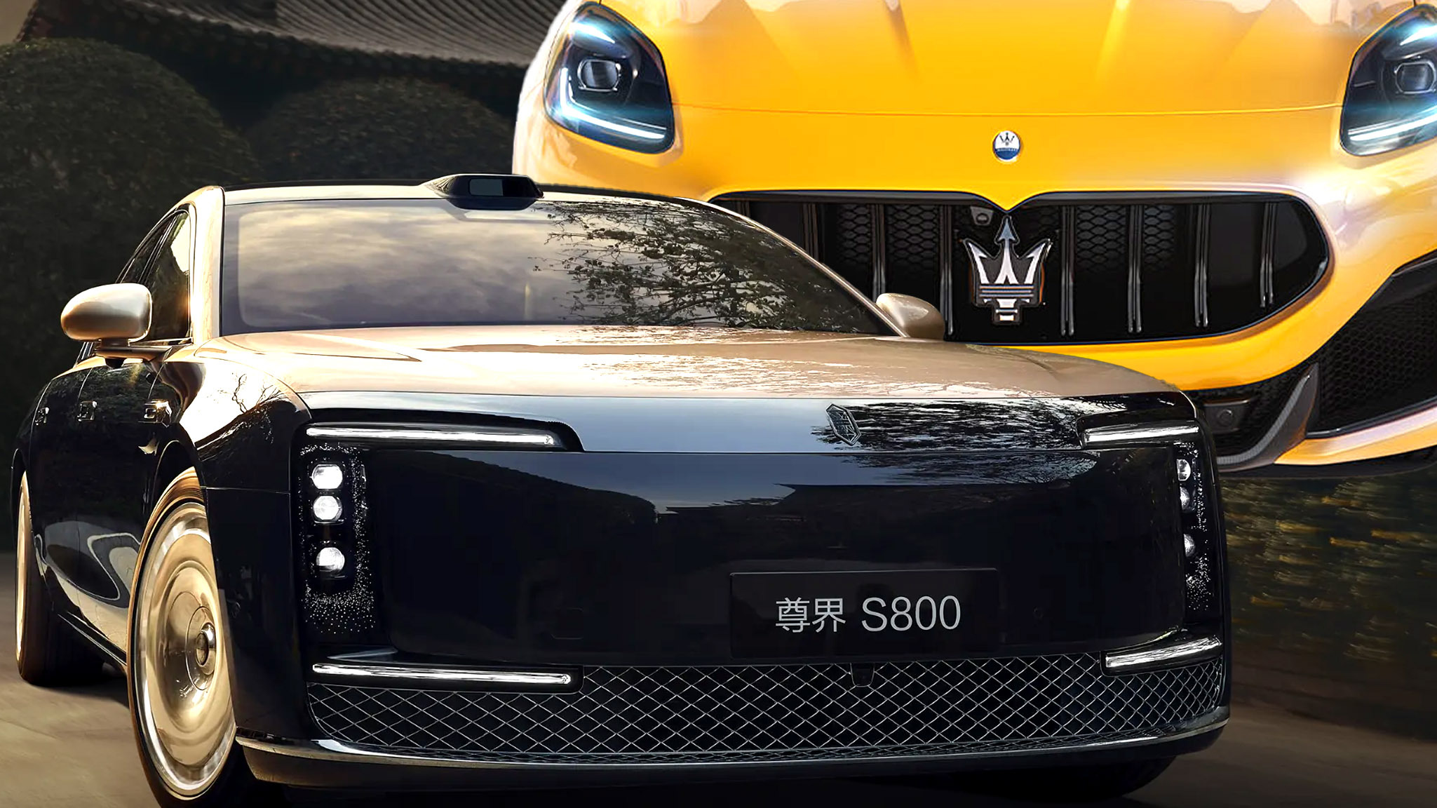 Une Maserati électrique en charge dans une ville chinoise, avec des gratte-ciel en arrière-plan.