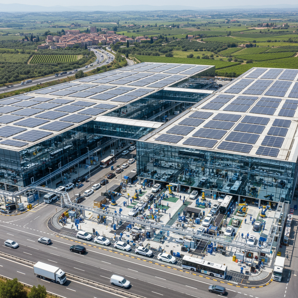 Vue aérienne d'une usine BYD moderne en Italie.