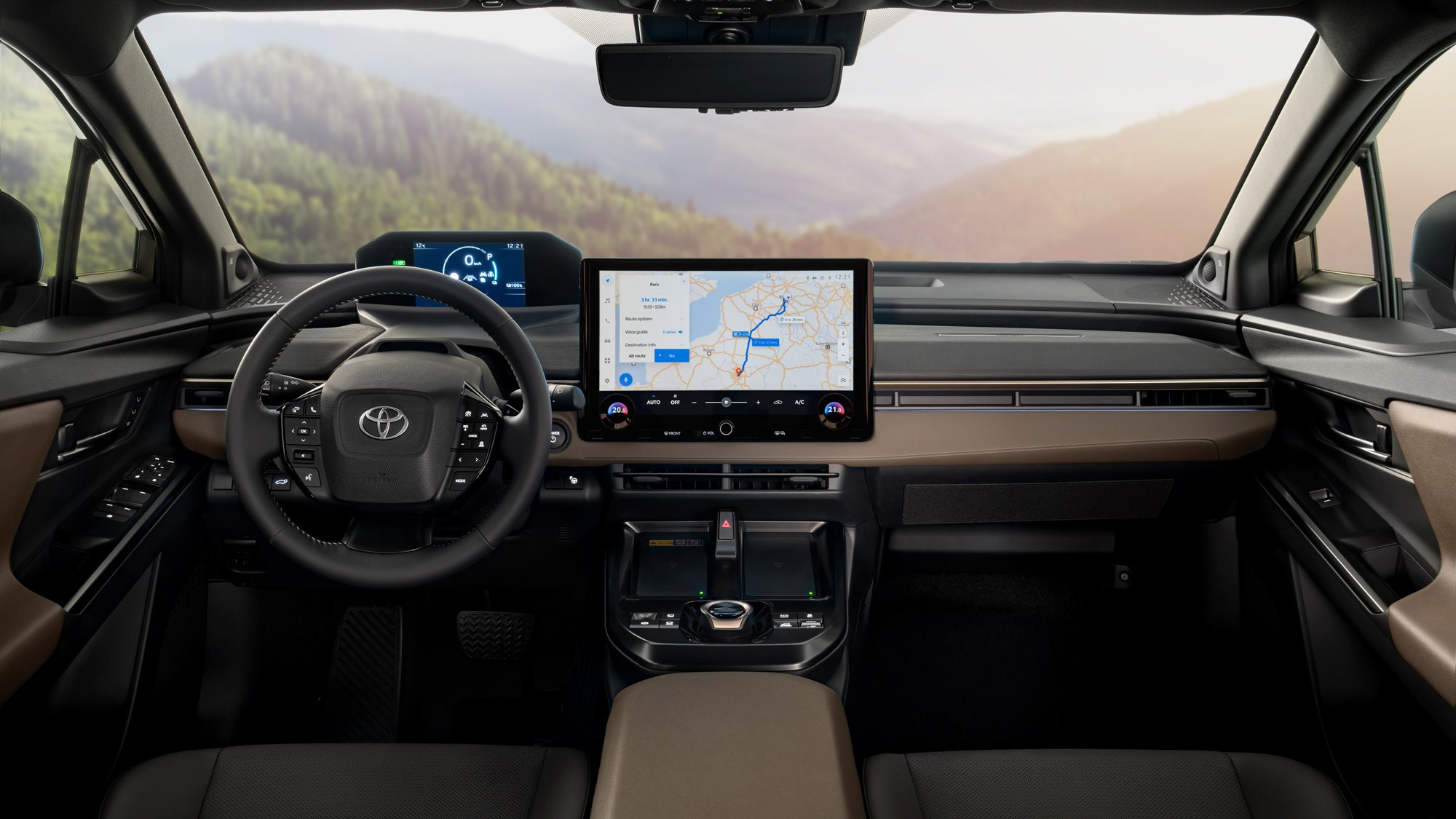 Intérieur du Toyota bZ4X Touring, montrant un habitacle en noir avec des matériaux solides et un design épuré.