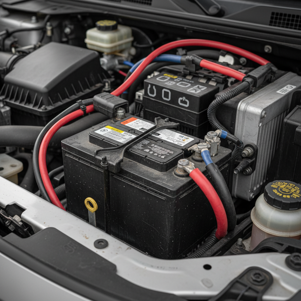 Gros plan sur une batterie 12V dans le compartiment moteur d'une voiture électrique, avec des câbles et des composants.