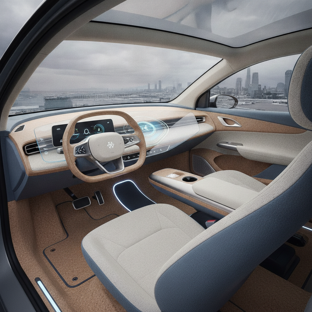 L'intérieur d'une voiture électrique compacte Volkswagen futuriste, avec un grand écran tactile au centre du tableau de bord et des sièges en matériaux durables.
