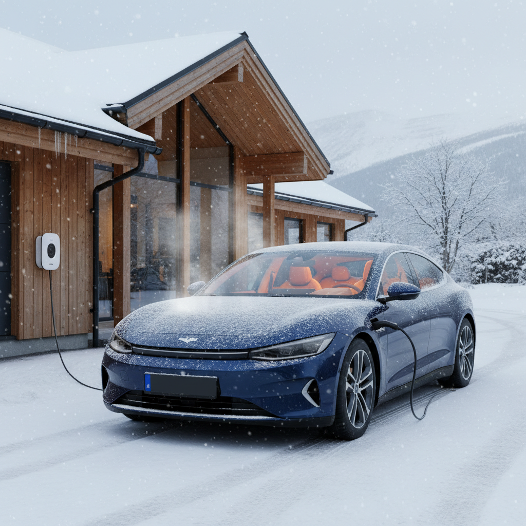 Une voiture électrique blanche est branchée à une borne de recharge domestique par une matinée d'hiver enneigée, de la vapeur s'échappant légèrement, signe de préchauffage.