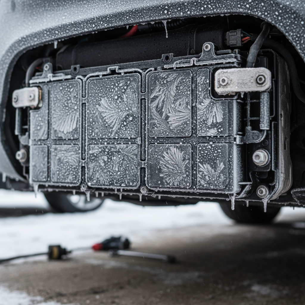 Gros plan sur une batterie de voiture électrique recouverte de givre, illustrant l'effet du froid sur ses performances.