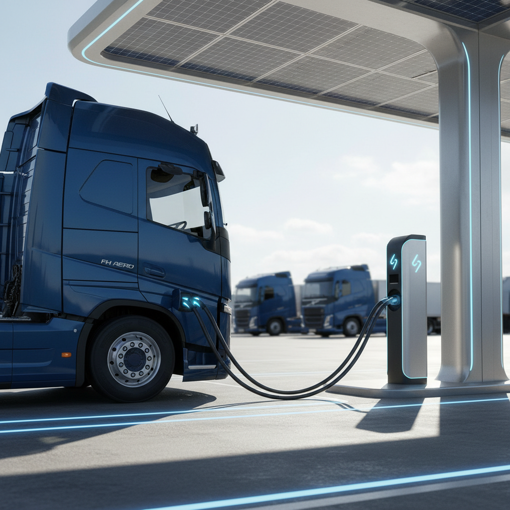 Un camion Volvo FH Aero Electric blanc est garé à une station de recharge moderne. Un câble de recharge épais est connecté au côté du camion. Le fond montre d'autres bornes de recharge et un bâtiment commercial.