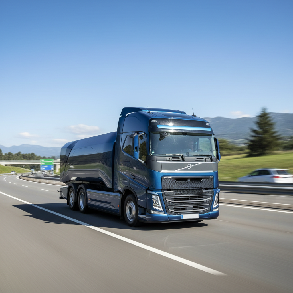 Un camion Volvo FH Aero Electric bleu foncé roule sur une autoroute à plusieurs voies sous un ciel bleu clair. Le camion est vu de côté, montrant son design aérodynamique. Il n'y a pas d'autres véhicules à proximité.