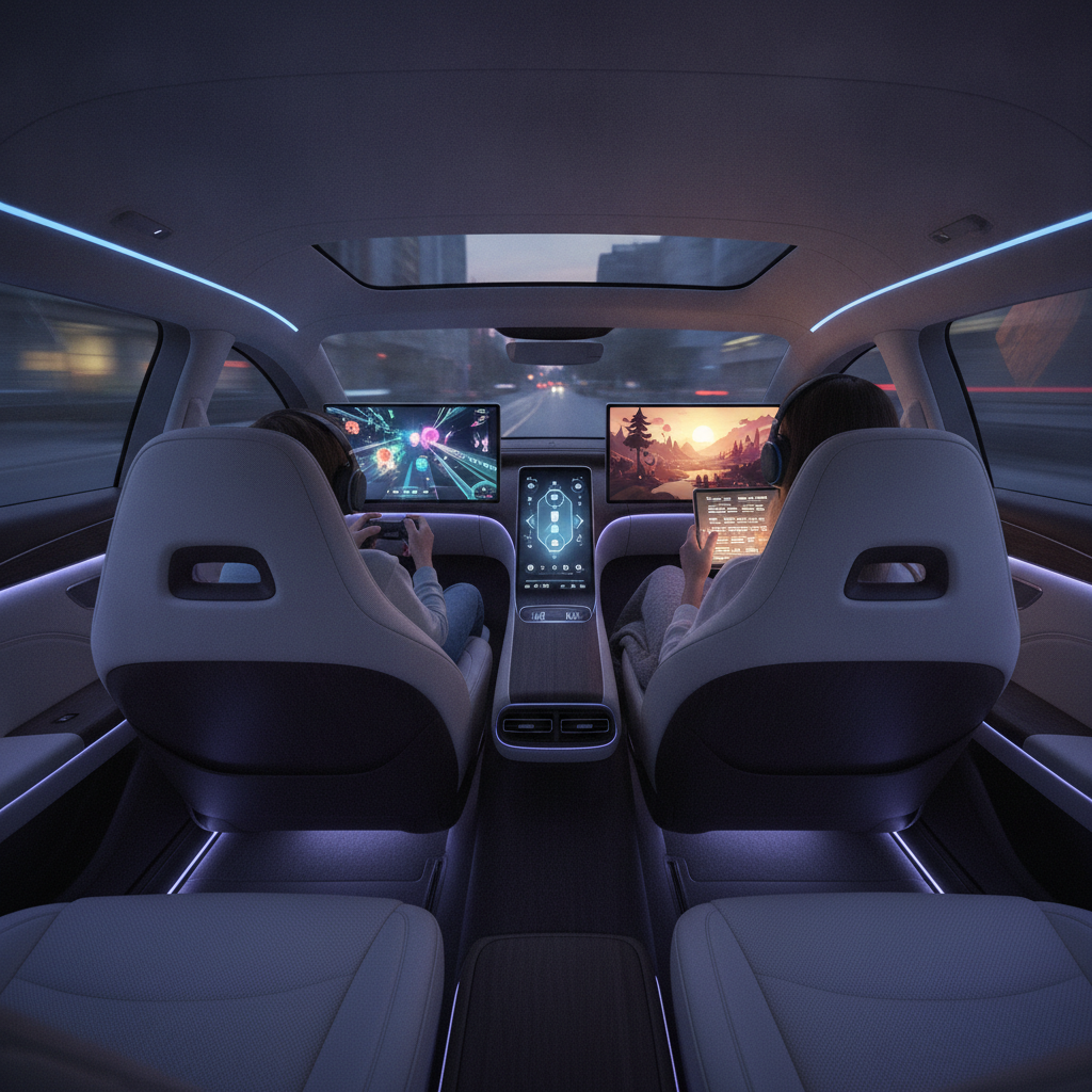 Famille dans une voiture futuriste, les enfants regardant des films sur des écrans intégrés aux sièges arrière, illustrant le divertissement embarqué.