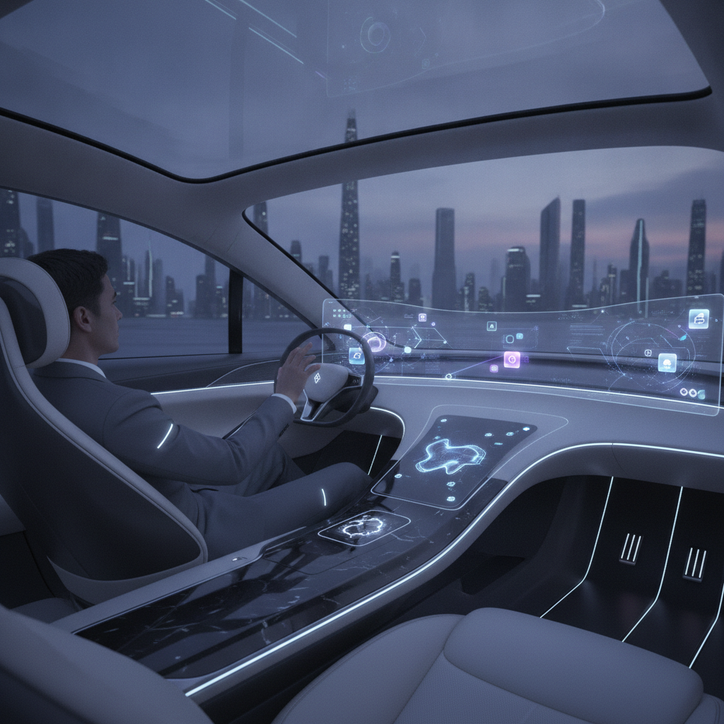 Vue intérieure d'une voiture futuriste avec des écrans holographiques et une interface utilisateur avancée, illustrant l'intégration de l'IA.