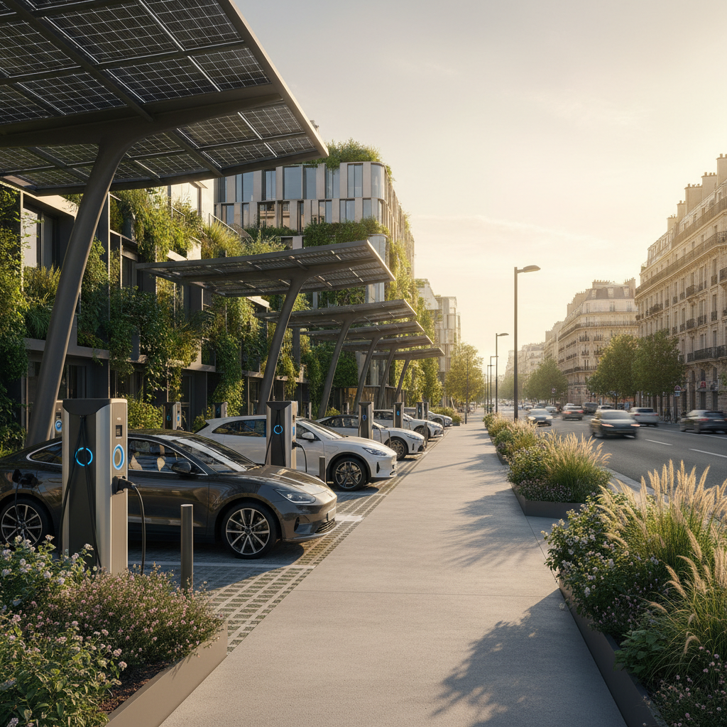 Une station de recharge moderne pour véhicules électriques en France, avec plusieurs voitures en charge, illustrant l'infrastructure nécessaire à la transition énergétique.